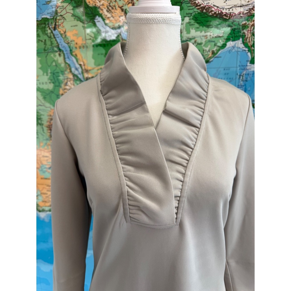 Gretchen Scott Taupe Ruffle Collar 3/4 Sleeve Dress Womens XS Beige Career